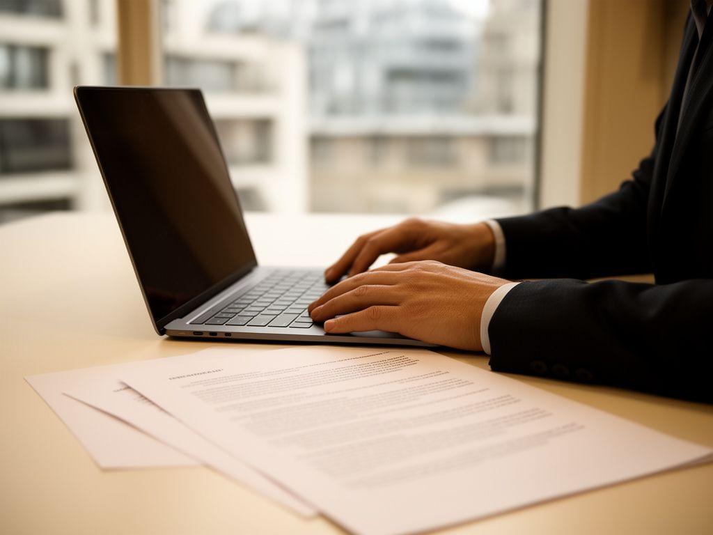 Legal consultant reviewing a contract draft beside a laptop in a calm London office