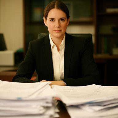 Lead drafting consultant Sophie Brooks seated at a desk with annotated agreement pages