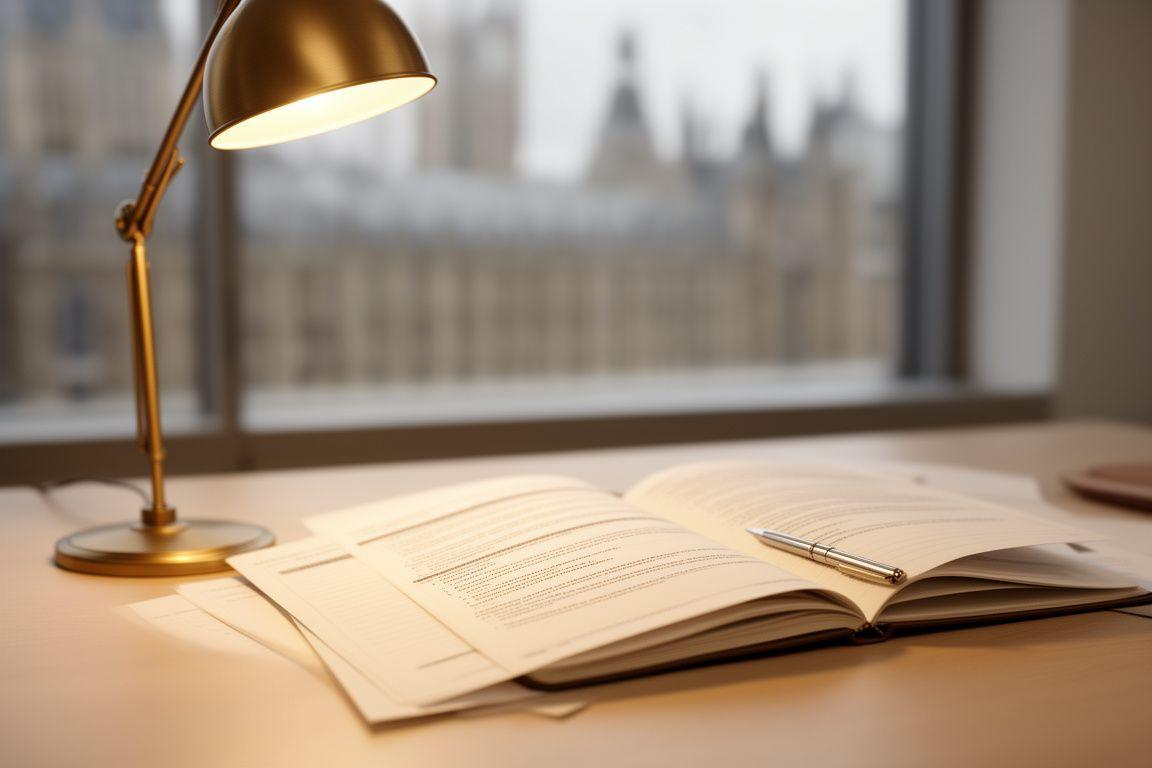 Contract pages arranged beside a desk lamp and notebook in a calm London office
